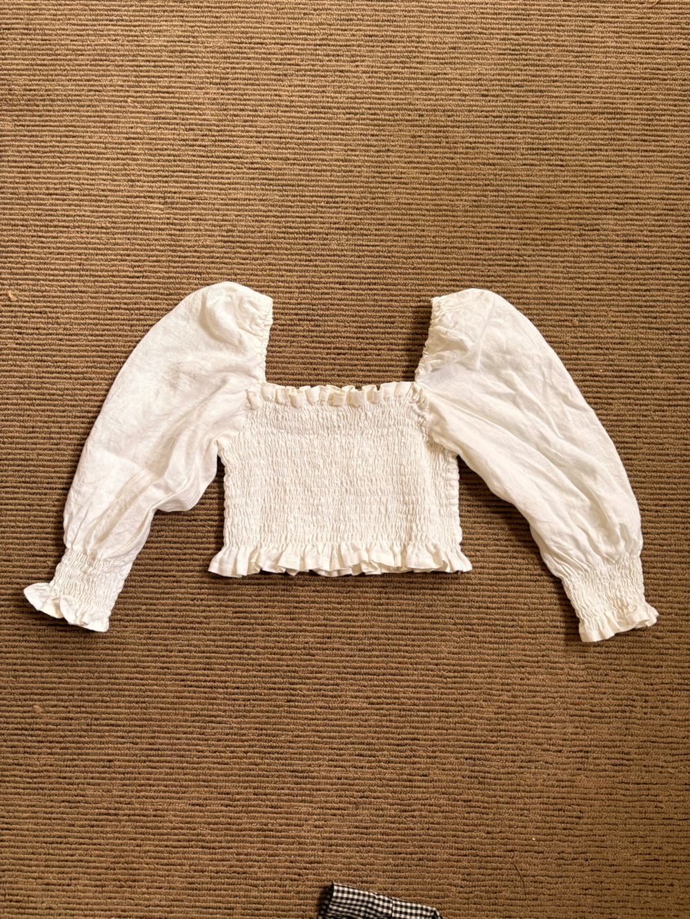 White Linenlara Etsy 100% linen puff sleeve crop smocked tube top with ruffle S
